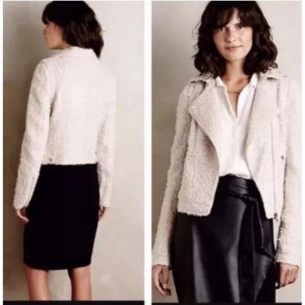 Anthropologie Elevenses Northland Moto Jacket Womens XS Beige Boucle Knit - Picture 1 of 11